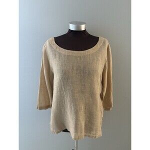 Kleen Women 100% Linen Top Medium Beige Semi Sheer Lagenlook Coastal Beach